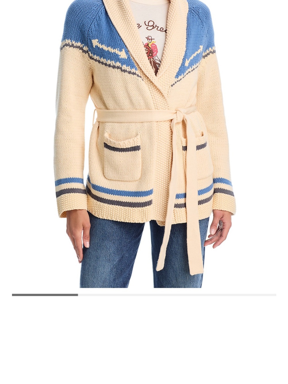 THE GREAT. Cream and Blue Belted Shawl-Collar Cardigan